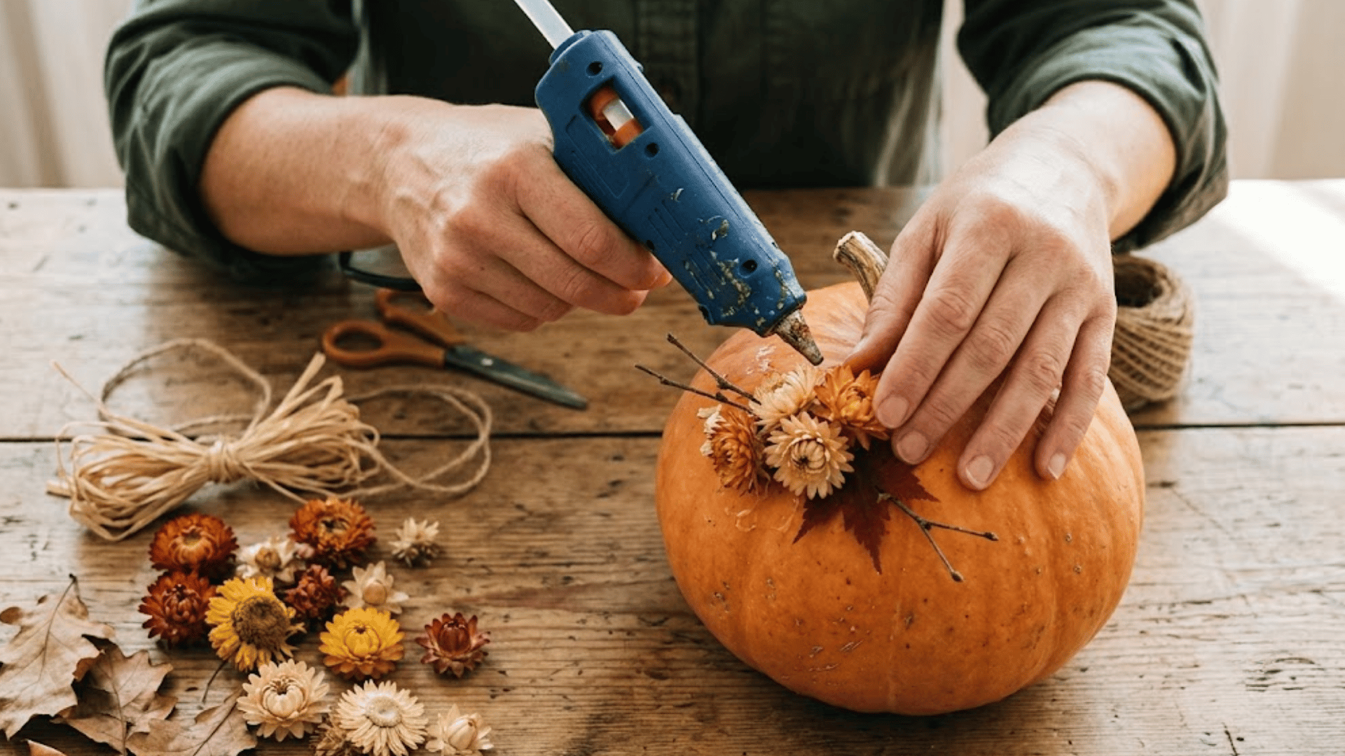 Hands using a glue gun to decorate a pumpkin with dried flowers, leaves, and simple fall craft details