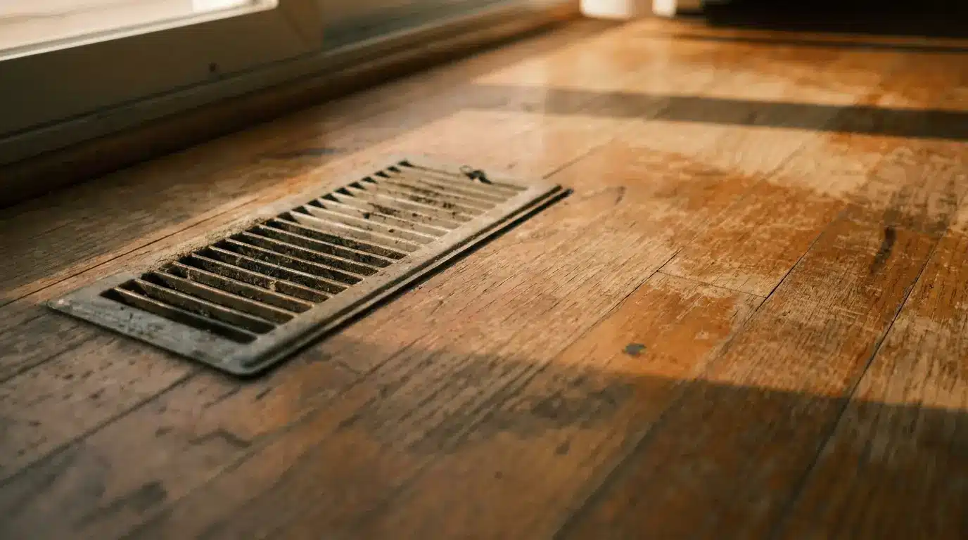 Dusty floor vent in wooden flooring under warm sunlight indoors