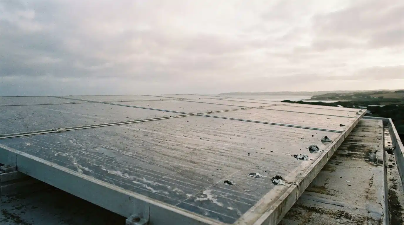 Rooftop solar panels with cloudy sky overlooking coastal landscape