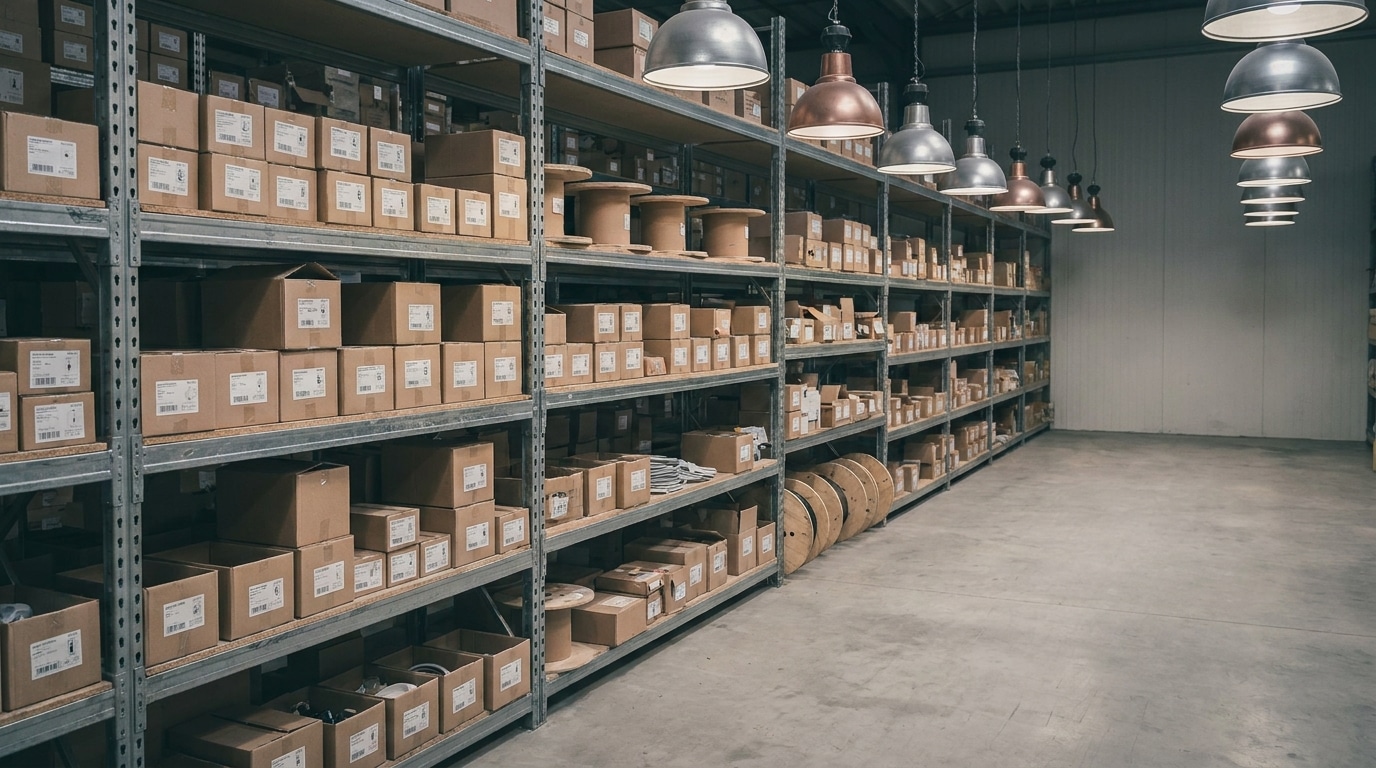 Warehouse interior with stacked cardboard boxes on metal shelves under industrial lighting