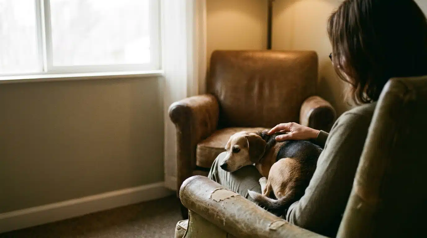 Person sitting in cozy living room with a beagle resting on their lap