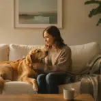 Cozy living room with woman petting a golden retriever on a white sofa