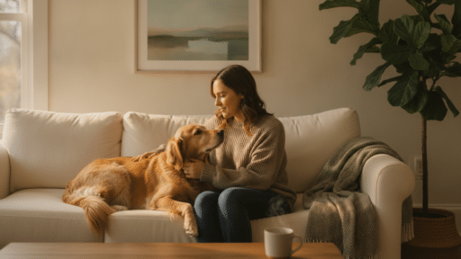 Cozy living room with woman petting a golden retriever on a white sofa