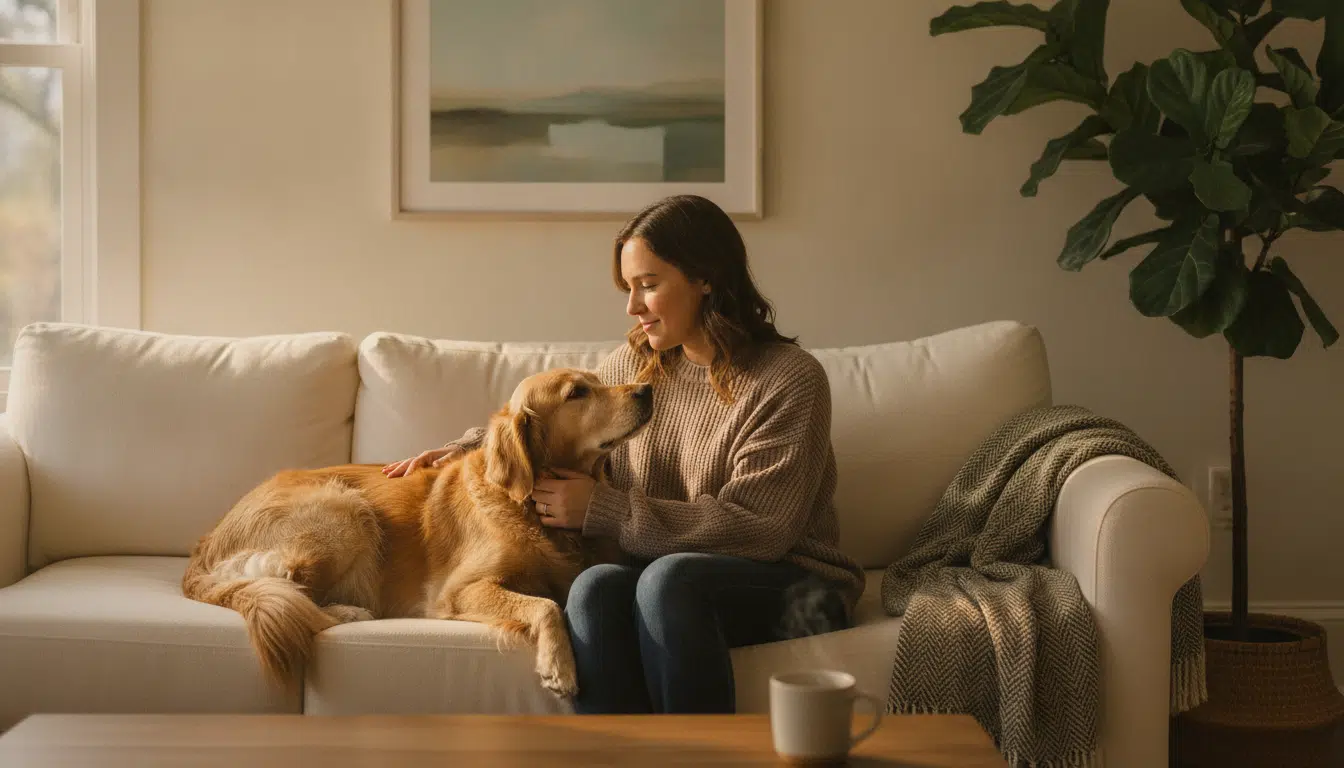 Cozy living room with woman petting a golden retriever on a white sofa