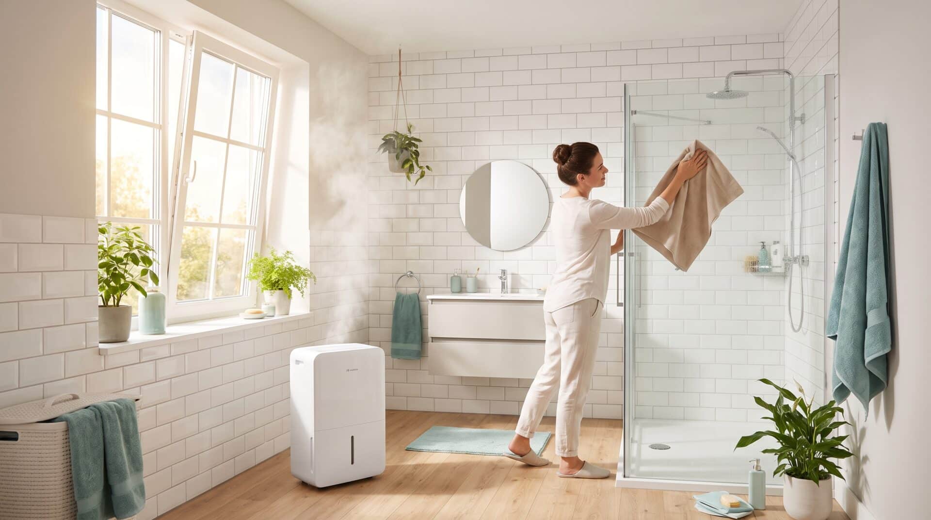 Woman cleaning glass shower door in a bright, white-tiled bathroom with plants and dehumidifier