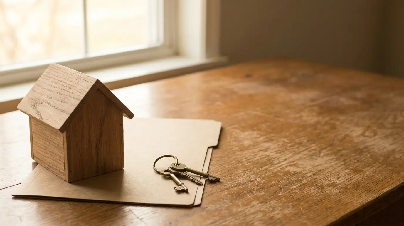 Wooden house model and keys on folder resting on wooden table in natural light