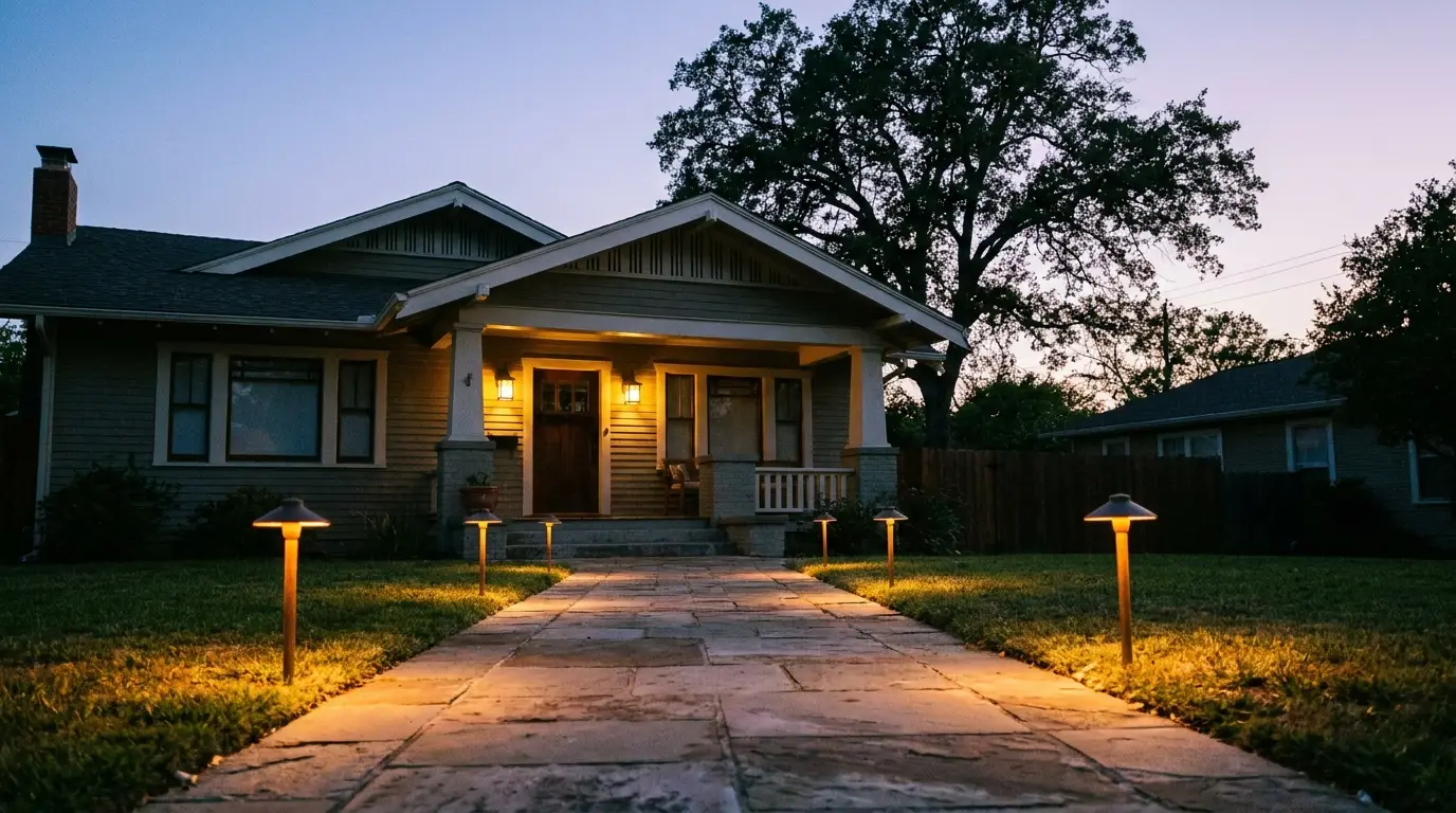 Bungalow style house with illuminated pathway lights at dusk, surrounded by trees and grass