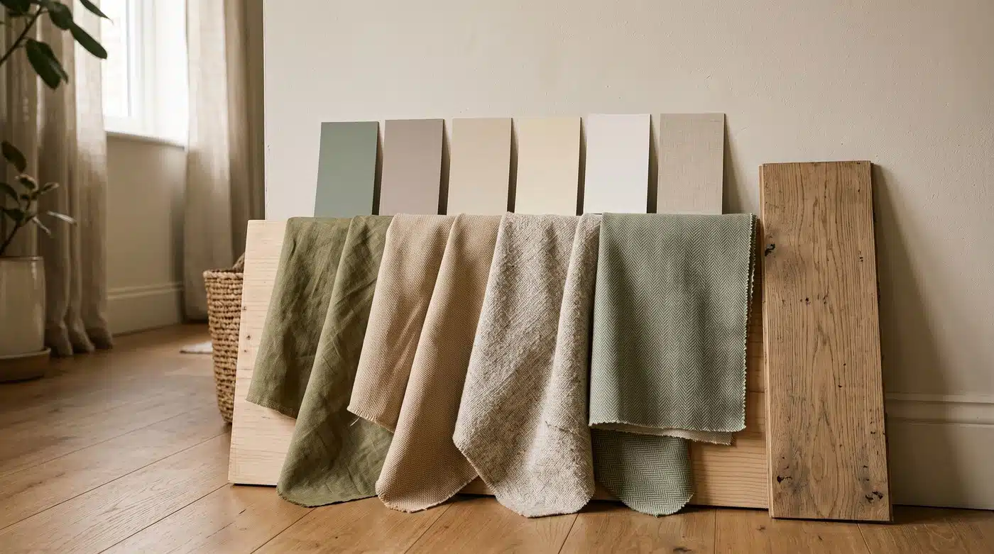 Fabric swatches and color samples displayed near wooden boards in a softly lit room
