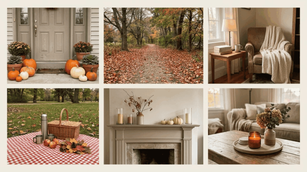 fall aesthetic collage with pumpkins, leafy path, reading nook, picnic, fireplace, and cozy coffee table