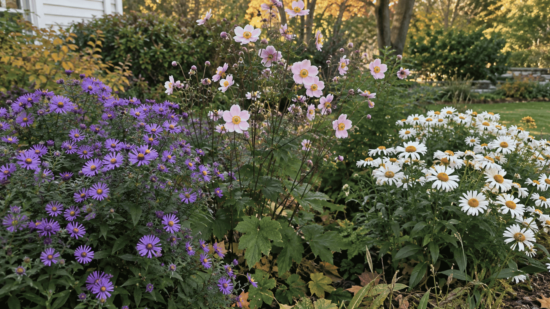 fall garden with purple new england asters, pink japanese anemones, and white montauk daisies in bloom
