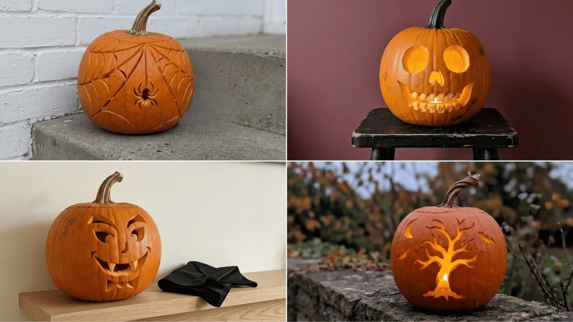 four carved pumpkin designs namely spiderweb pattern, skull face, vampire fangs, and spooky bare tree silhouette