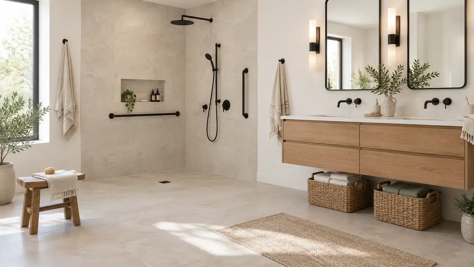 Modern bathroom with walk-in shower, wood vanity, and woven baskets under natural light