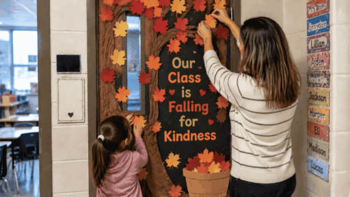 teacher and student decorating a fall classroom door with colorful leaves and an autumn tree.