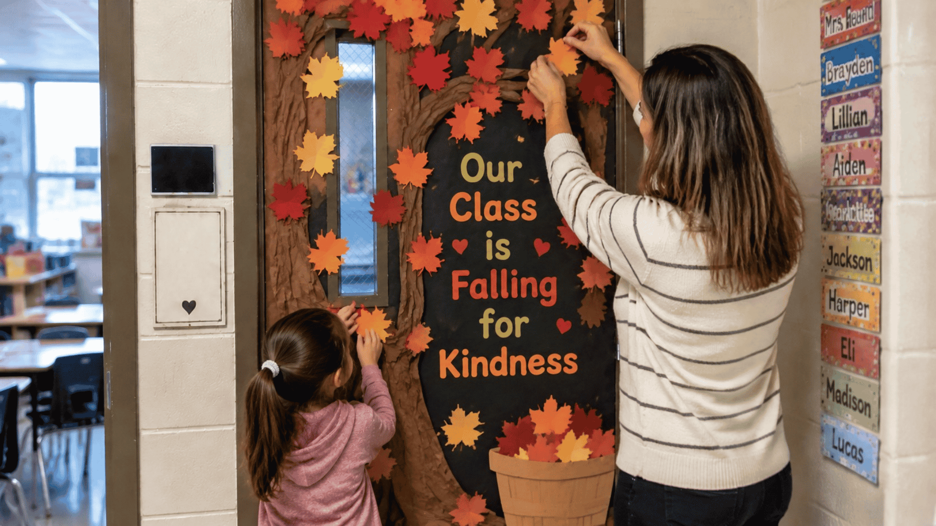 teacher and student decorating a fall classroom door with colorful leaves and an autumn tree.