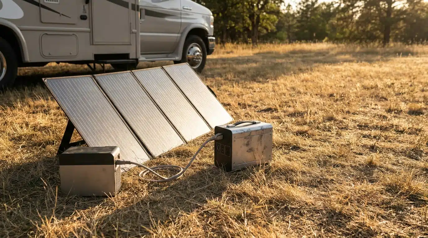 Portable solar panels and battery on dry grass near camper van at sunset