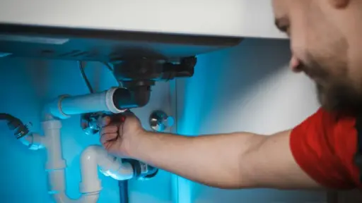 Person fixing white plumbing pipes under sink in brightly lit kitchen