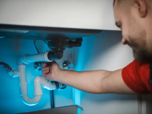 Person fixing white plumbing pipes under sink in brightly lit kitchen