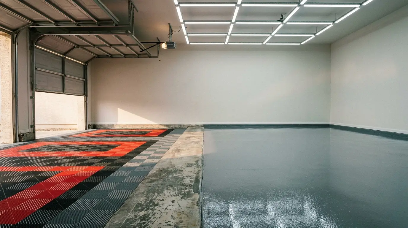 Empty garage with red and black checkered floor tiles, fluorescent lights overhead
