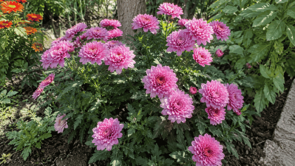 pink double-flowered garden mums blooming in a fall perennial bed