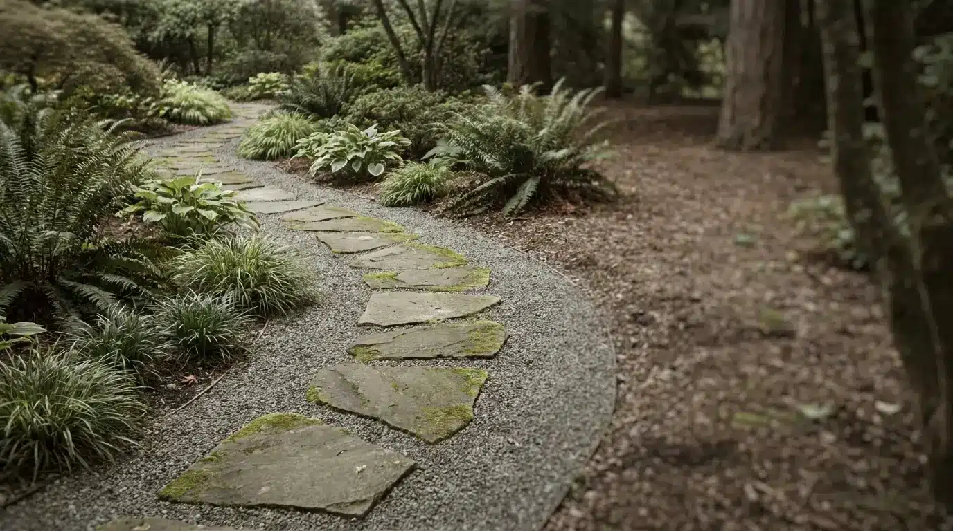 Winding stone path through lush green garden with ferns and shrubs