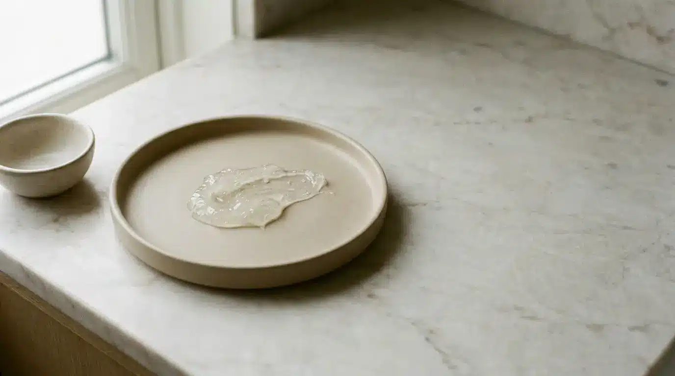 Creamy substance on round ceramic plate on marble countertop near small bowl