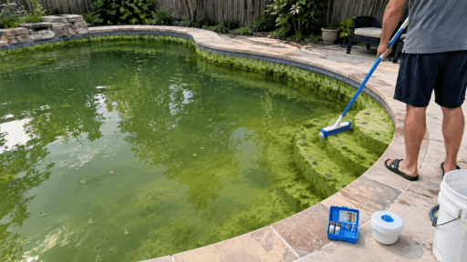homeowner preparing to clean a residential pool with cloudy green water and visible algae on the walls and steps