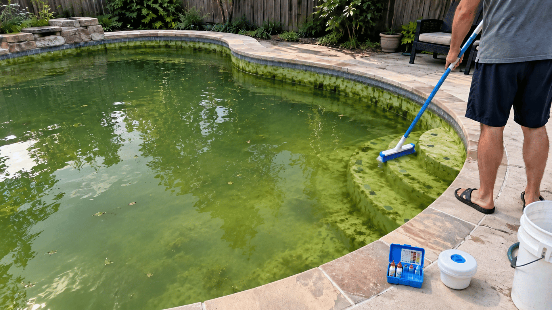 homeowner preparing to clean a residential pool with cloudy green water and visible algae on the walls and steps