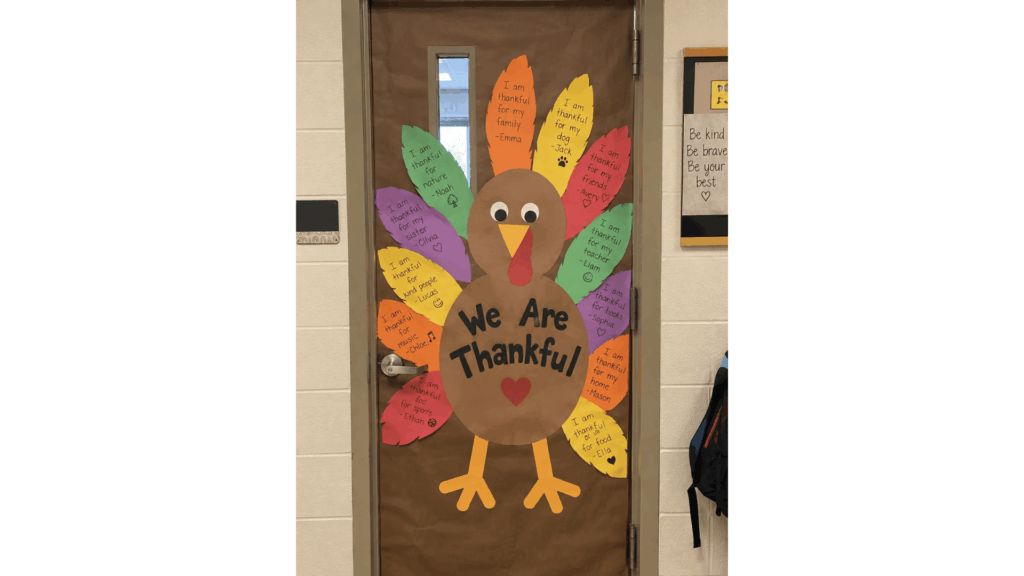 classroom door turkey with feathers listing what each student is thankful for