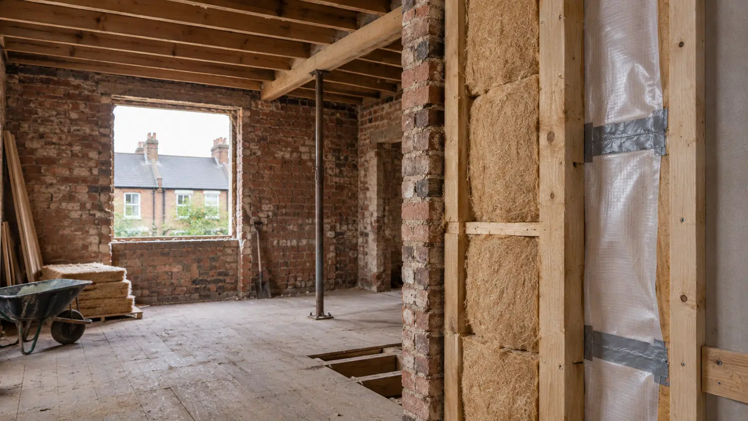 Renovation site with exposed brick walls and straw insulation in a sunny room