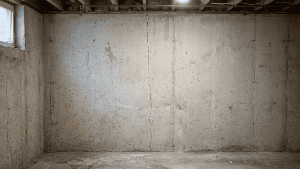 thin vertical hairline crack in a poured concrete basement wall with no visible bowing or displacement