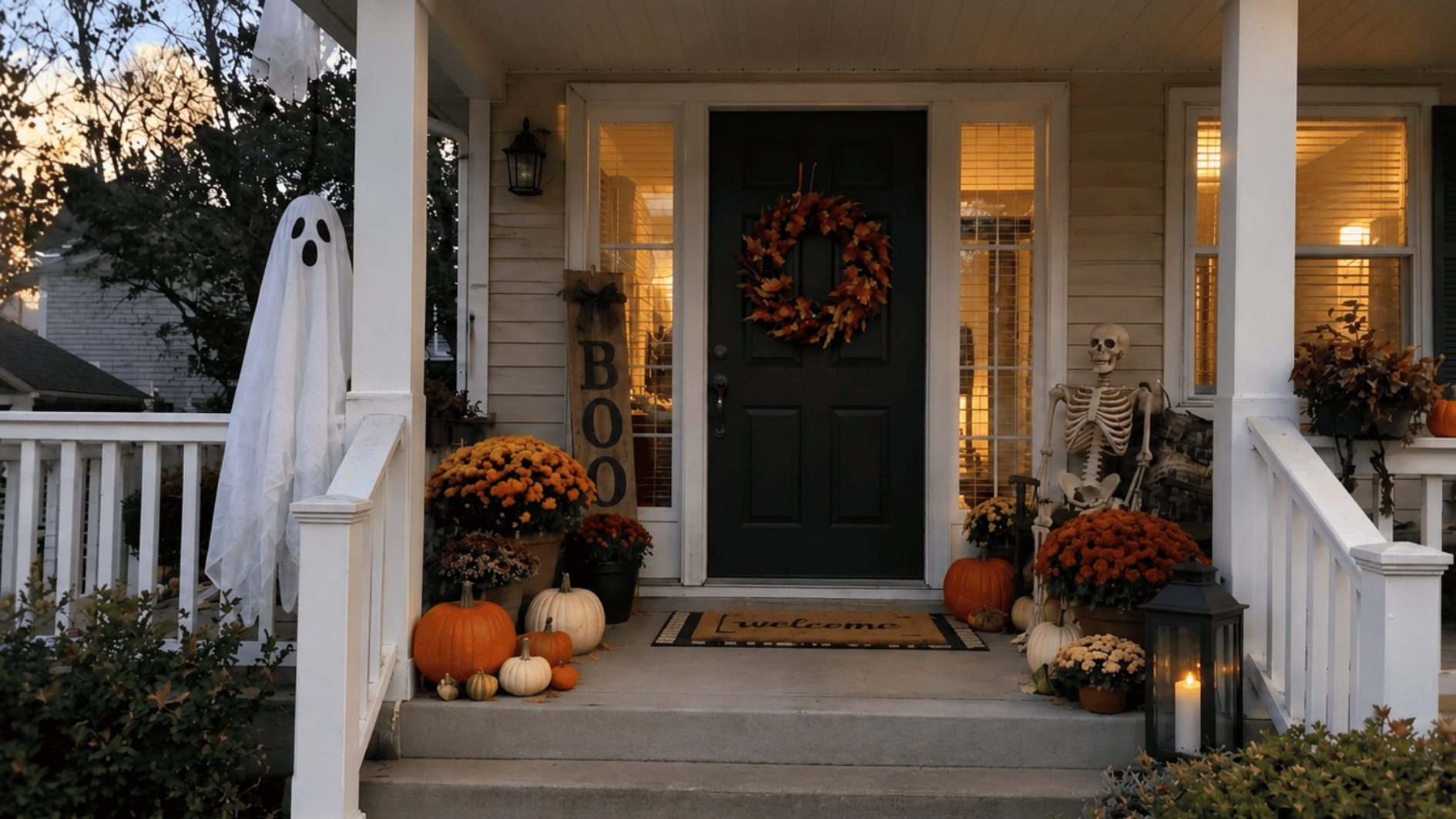 suburban porch decorated for halloween with pumpkins, mums, a ghost, skeleton, and autumn wreath