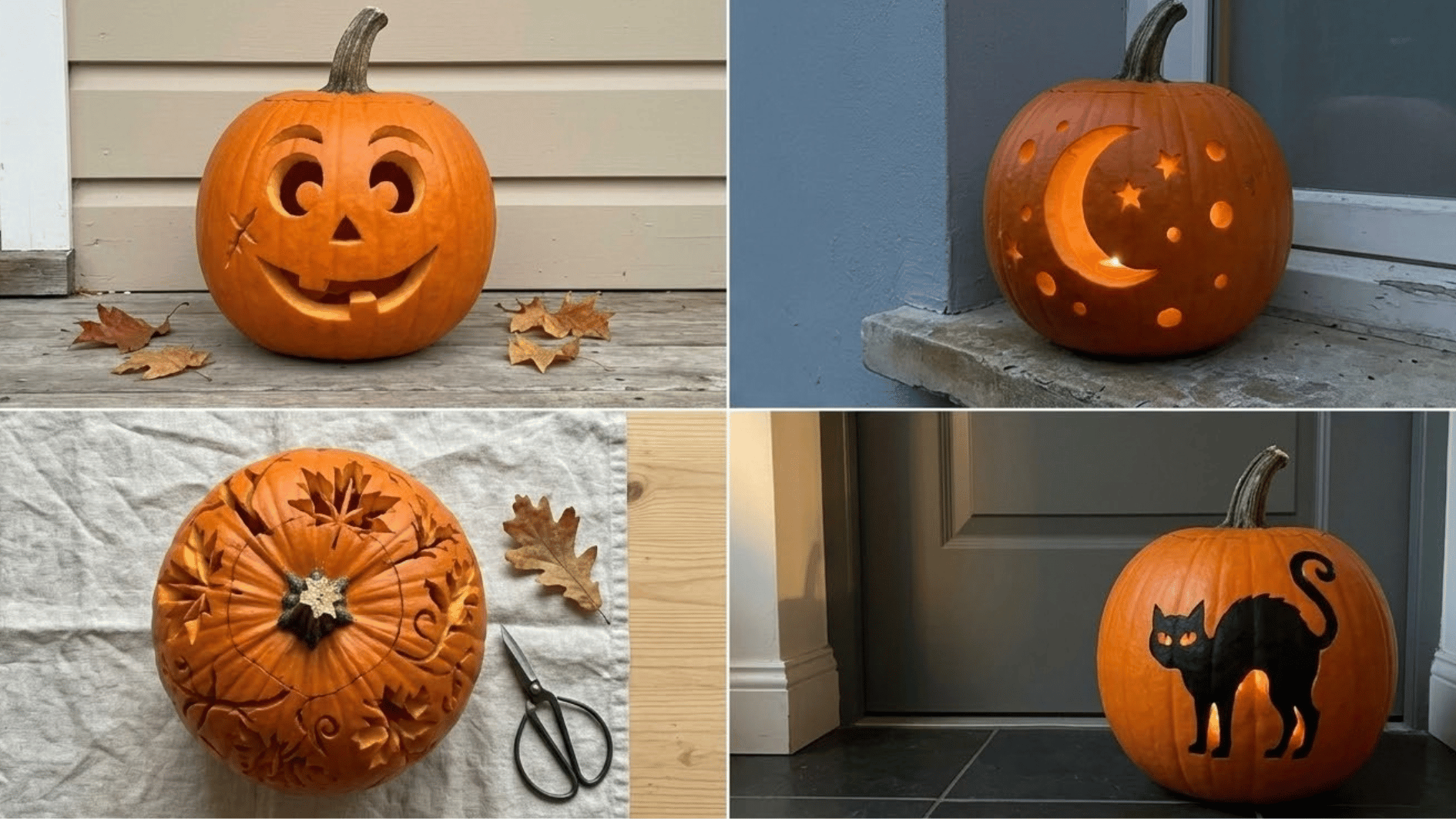 four carved pumpkin designs: classic jack-o'-lantern, moon and stars, leaf pattern, and black cat silhouette
