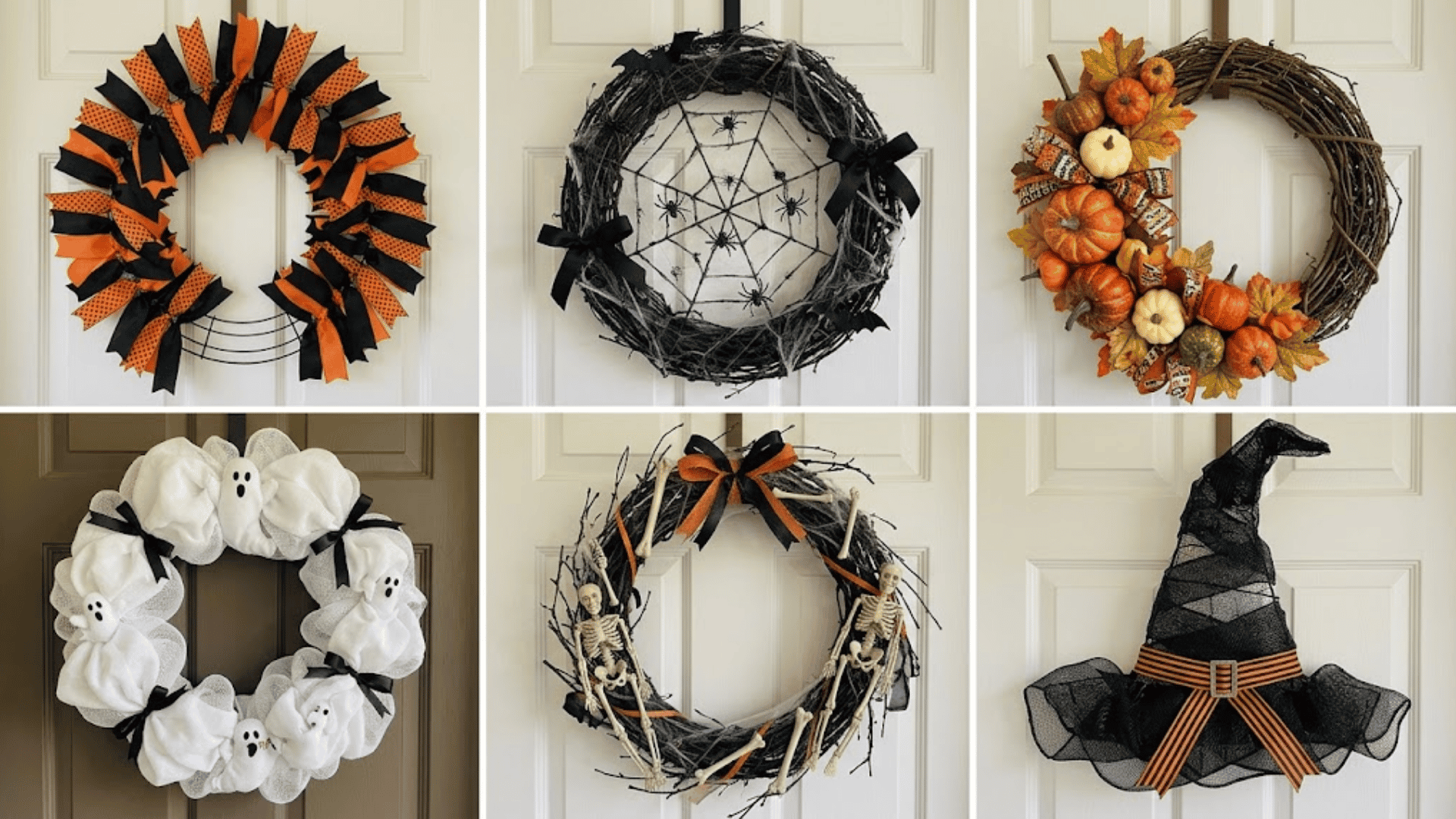six handmade halloween wreath ideas featuring ribbons, spiders, pumpkins, ghosts, skeletons, and a witch hat
