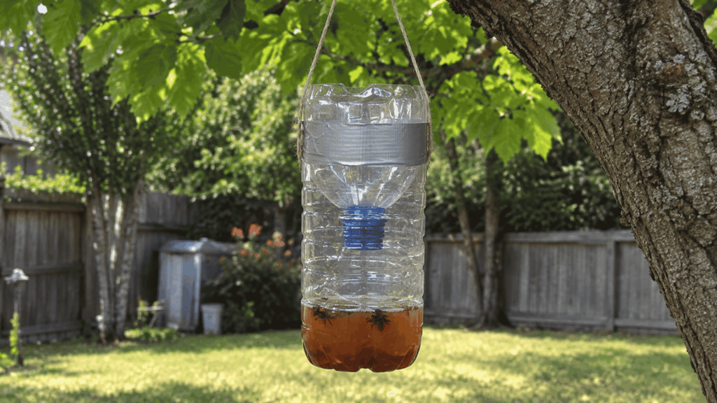 finished plastic bottle wasp trap hanging from a tree with brown bait visible at the bottom