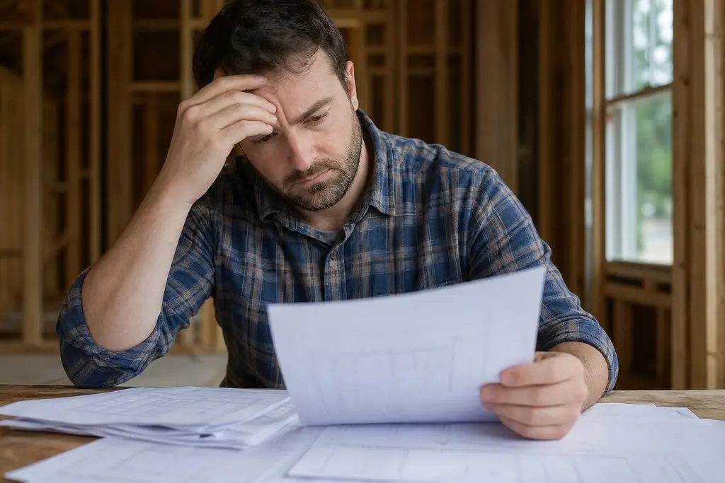 Man in plaid shirt studying paperwork at construction site with wooden framing in background