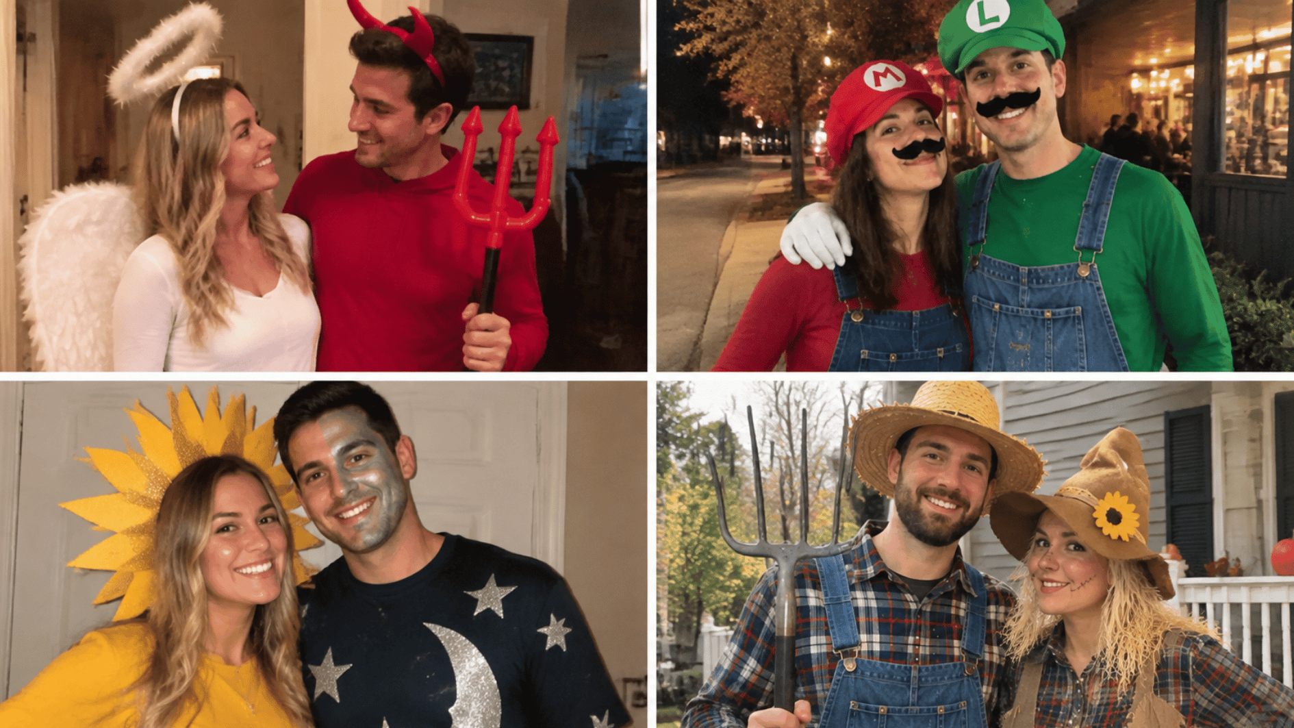 couples wearing homemade Halloween costumes including angel devil, Mario Luigi, sun moon, and farmer scarecrow outfits