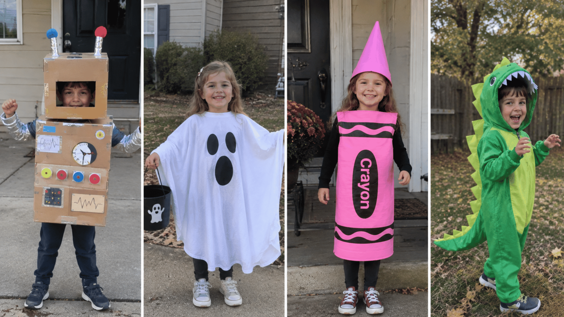 kids wearing homemade robot, ghost, crayon, and dinosaur Halloween costumes outdoors