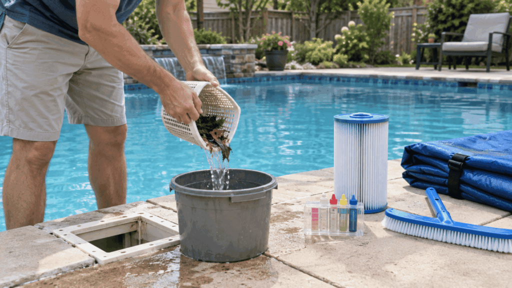 homeowner performing simple preventive pool care to reduce unnecessary cleaning and repair expenses