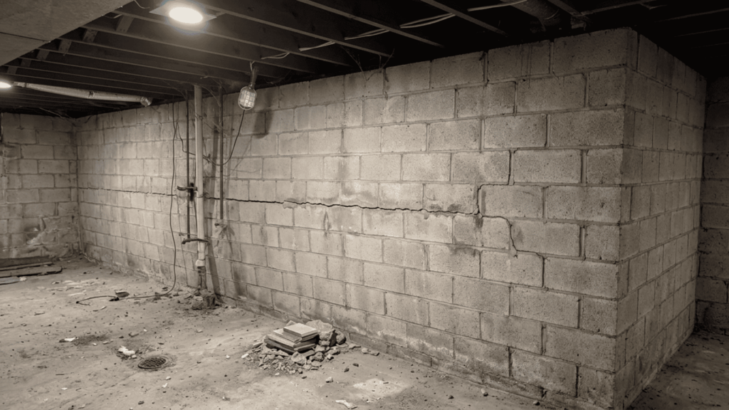 horizontal crack across a basement block wall with visible inward bowing from outside pressure