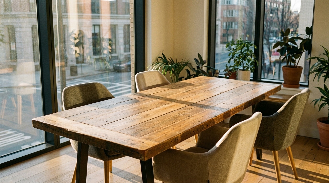 Wooden dining table with gray chairs in a sunlit room with large windows and plants