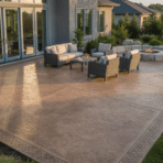 Stone patio with wicker furniture set and fire pit in landscaped backyard garden