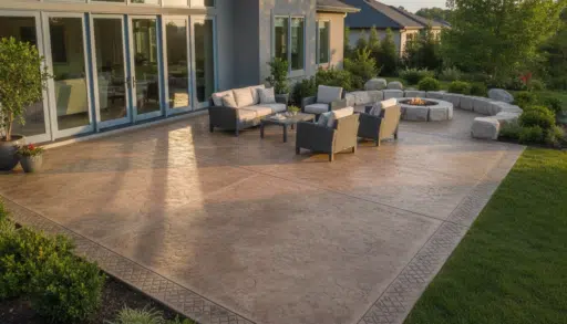 Stone patio with wicker furniture set and fire pit in landscaped backyard garden