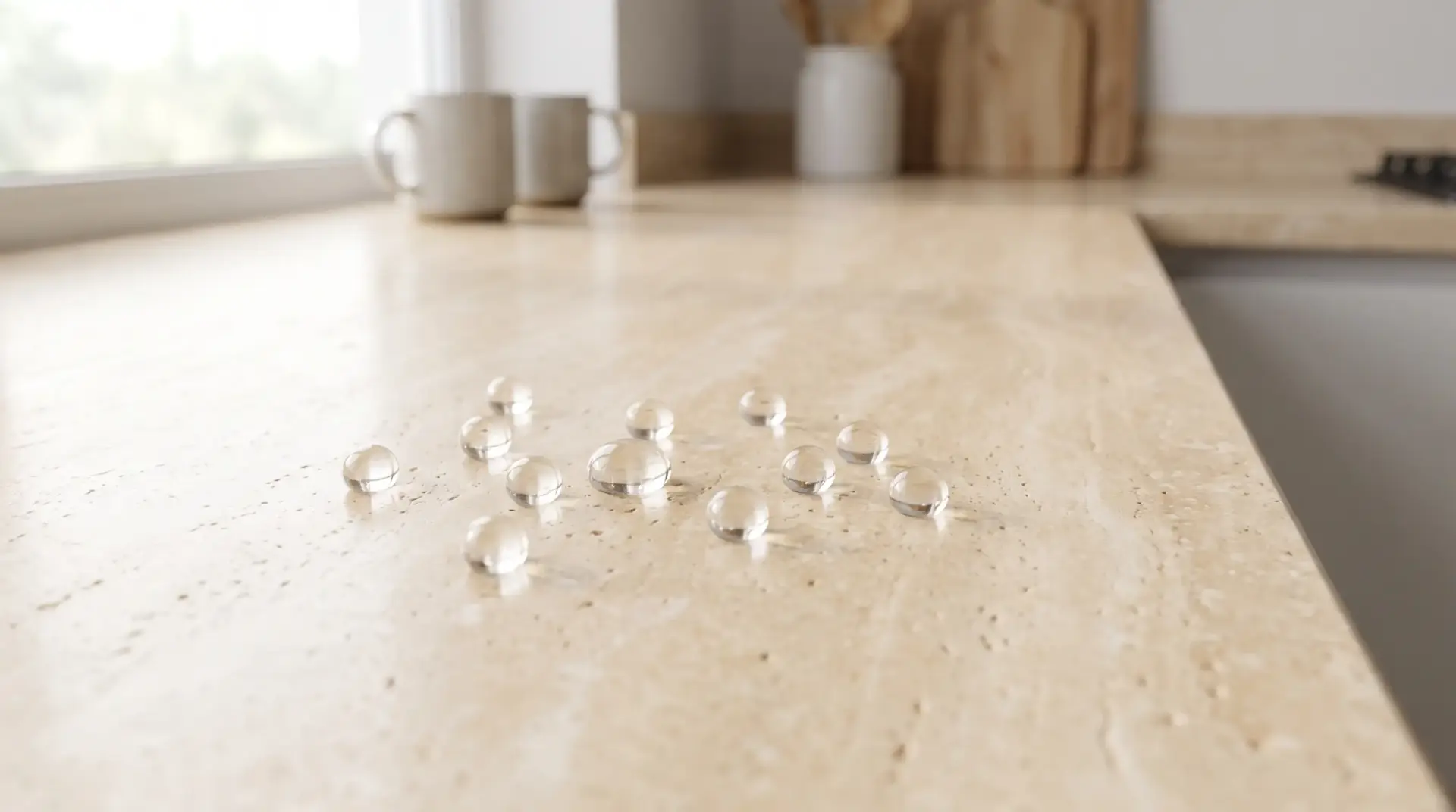 Clear marble-sized spheres on beige countertop in a bright kitchen near window and mugs