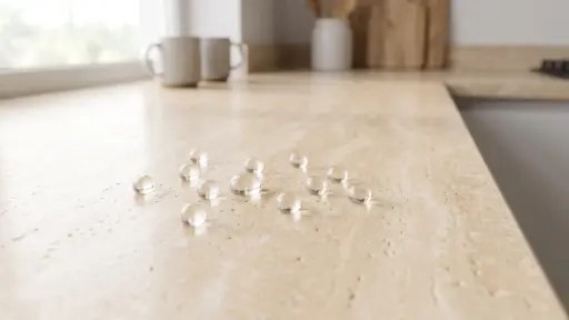 Clear marble-sized spheres on beige countertop in a bright kitchen near window and mugs
