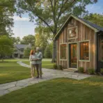 Couple standing on stone path near rustic cabin in lush wooded landscape