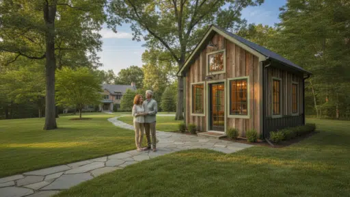 Couple standing on stone path near rustic cabin in lush wooded landscape