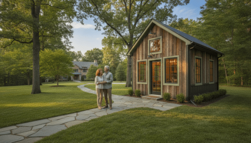 Couple standing on stone path near rustic cabin in lush wooded landscape