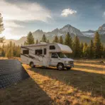 RV parked in meadow with solar panels under mountain landscape and setting sun