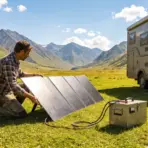 Man setting up solar panels next to camper van in grassy mountain landscape