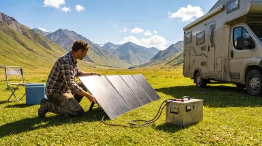 Man setting up solar panels next to camper van in grassy mountain landscape